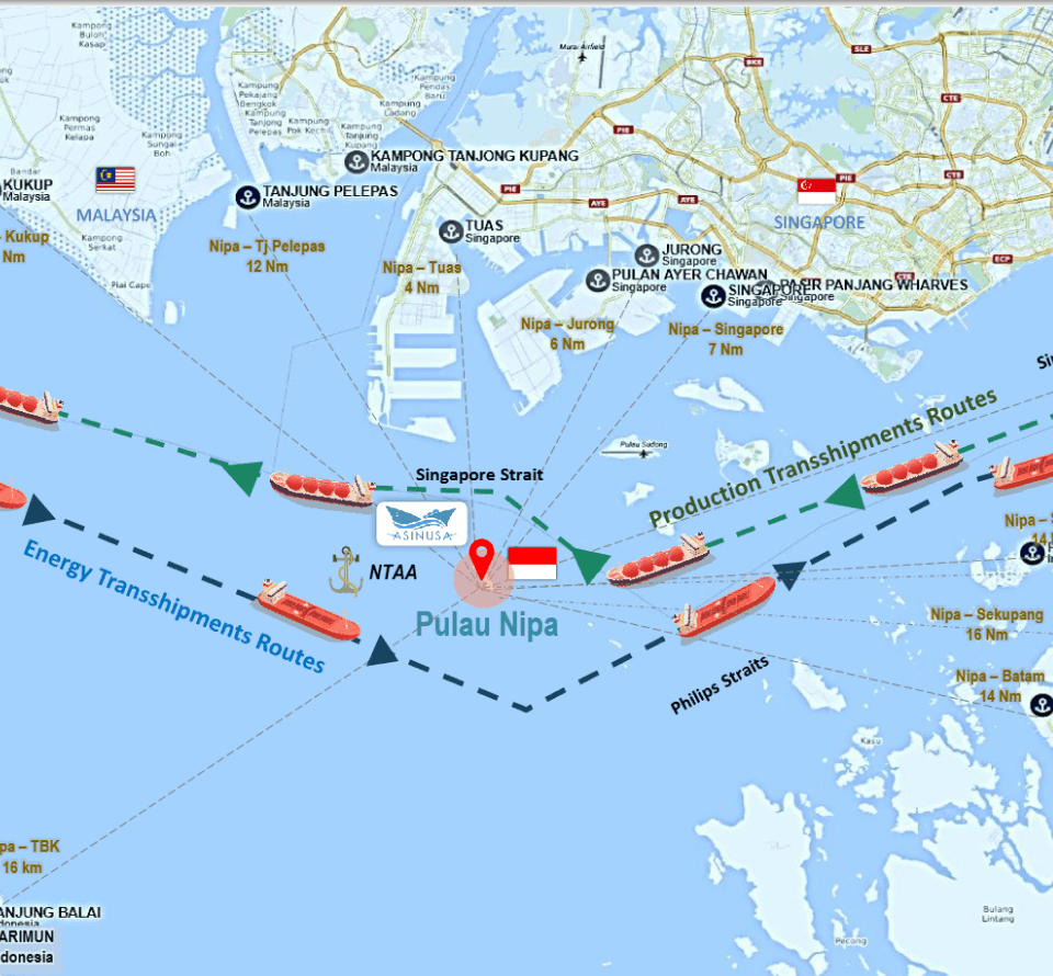 Map of the Nipah Transit Anchorage Area between Batam and Singapore, with the eastbound and westbound traffic lanes